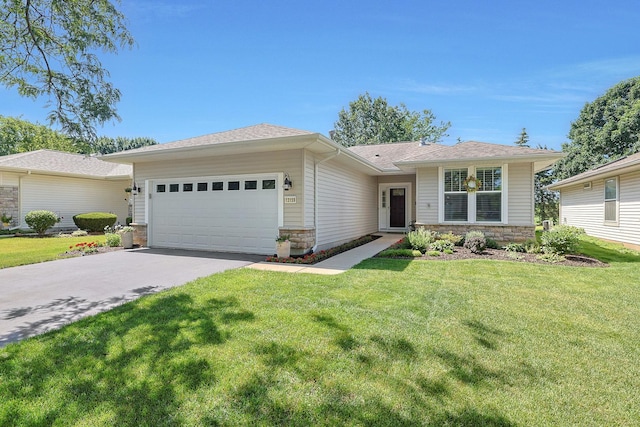 13159 Shirley Ln, Huntley, IL 60142 - ranch-style home with an attached garage, stone siding, driveway, and a front yard