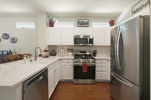13159 Shirley Ln, Huntley, IL 60142 - kitchen featuring appliances with stainless steel finishes, a peninsula, dark wood finished floors, and light countertops