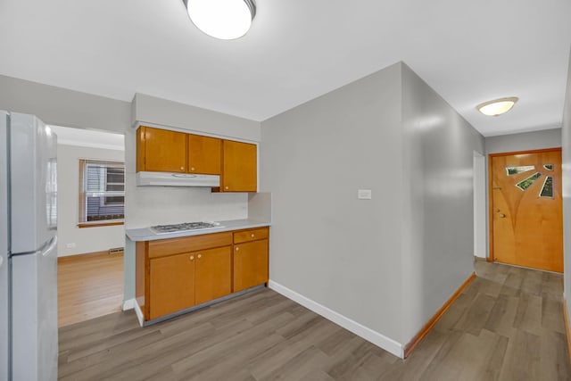2621 Ridge Rd, Lansing, IL 60438 - kitchen with freestanding refrigerator, gas stovetop, under cabinet range hood, and light wood-style floors