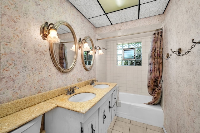 7859 78th St, Bridgeview, IL 60455 - bathroom with tile patterned flooring, shower / bath combo with shower curtain, double vanity, and wallpapered walls