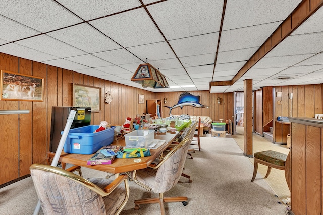 7859 78th St, Bridgeview, IL 60455 - dining space featuring light carpet, wood walls, and a drop ceiling