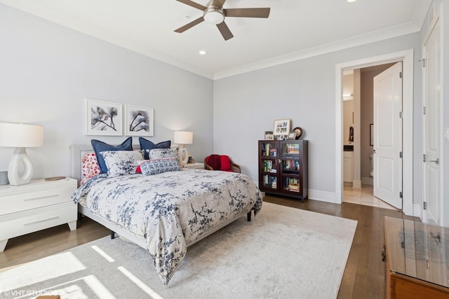 5748 N Hermitage Ave Unit 406, Chicago, IL 60660 - bedroom with ornamental molding, wood finished floors, recessed lighting, a ceiling fan, and ensuite bath