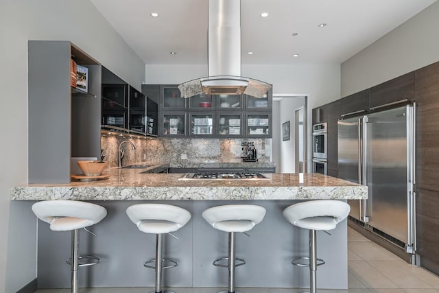 33 W Ontario St Unit Th5, Chicago, IL 60654 - kitchen featuring appliances with stainless steel finishes, island exhaust hood, a peninsula, decorative backsplash, and a kitchen bar