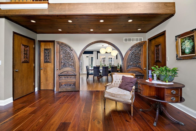 1444 Guildford Dr, Bourbonnais, IL 60914 - sitting room featuring wood-type flooring, arched walkways, wooden ceiling, and recessed lighting