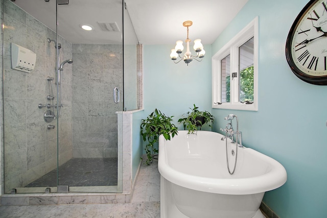 1444 Guildford Dr, Bourbonnais, IL 60914 - bathroom featuring a stall shower, a soaking tub, a chandelier, and recessed lighting