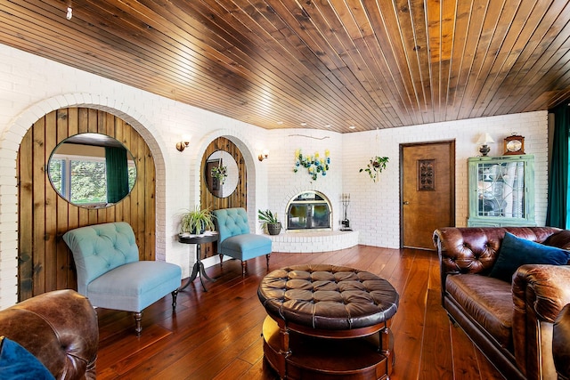 1444 Guildford Dr, Bourbonnais, IL 60914 - living room with brick wall, wooden ceiling, and hardwood / wood-style floors