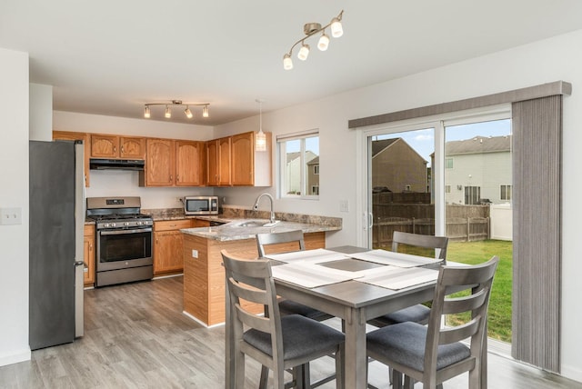 1704 Cascade Ridge Dr, Plainfield, IL 60586 - kitchen featuring stainless steel appliances, a peninsula, under cabinet range hood, and plenty of natural light