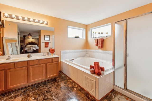6500 Pasture Side Trl, Matteson, IL 60443 - ensuite bathroom with a garden tub, a ceiling fan, a shower stall, and double vanity
