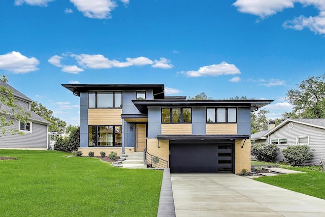 5830 Brookbank Rd, Downers Grove, IL 60516 - contemporary house with a front lawn, concrete driveway, an attached garage, brick siding, and stucco siding