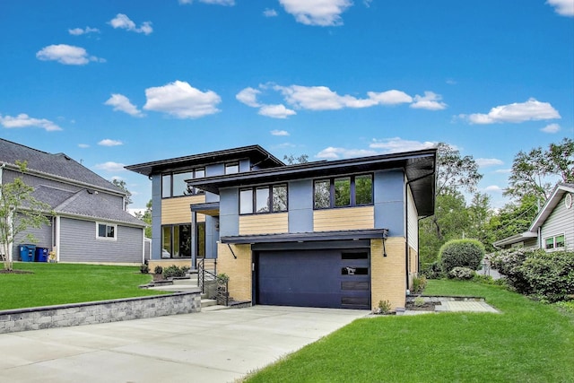 5830 Brookbank Rd, Downers Grove, IL 60516 - contemporary home with concrete driveway, an attached garage, and a front yard
