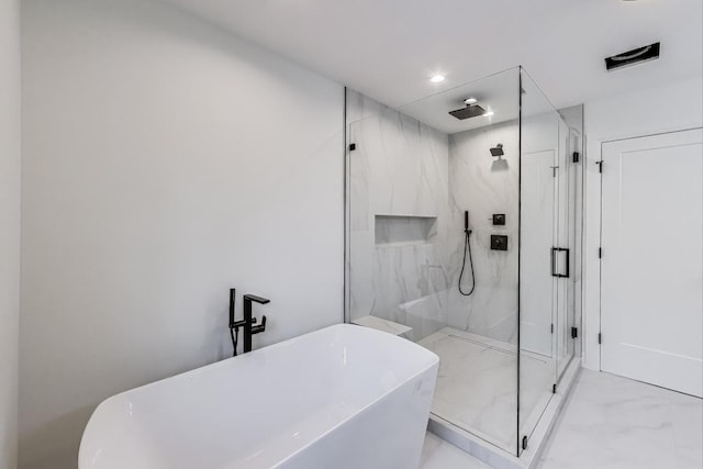 5830 Brookbank Rd, Downers Grove, IL 60516 - bathroom with a marble finish shower, a freestanding tub, marble finish floors, and recessed lighting