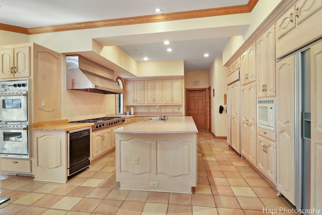 74 Dundee Ln, Barrington Hills, IL 60010 - kitchen with wall chimney range hood, built in appliances, light countertops, ornamental molding, and light tile patterned flooring