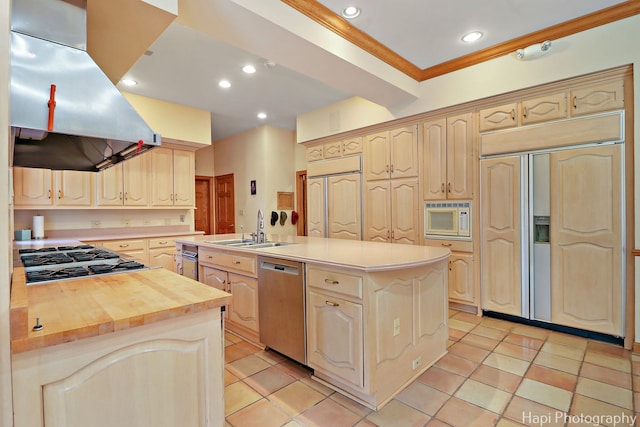 74 Dundee Ln, Barrington Hills, IL 60010 - kitchen with built in appliances, ventilation hood, a center island with sink, light tile patterned flooring, and light brown cabinetry