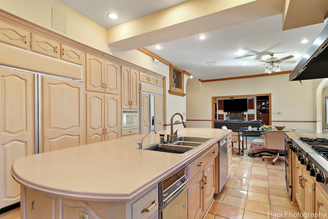 74 Dundee Ln, Barrington Hills, IL 60010 - kitchen with built in appliances, ventilation hood, open floor plan, ceiling fan, and light countertops