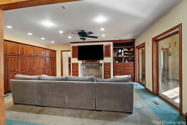 74 Dundee Ln, Barrington Hills, IL 60010 - carpeted living room with ceiling fan, recessed lighting, and a fireplace