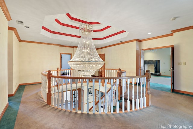 74 Dundee Ln, Barrington Hills, IL 60010 - hallway with an upstairs landing, a tray ceiling, crown molding, carpet floors, and recessed lighting