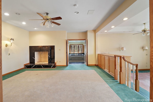 74 Dundee Ln, Barrington Hills, IL 60010 - unfurnished living room featuring ceiling fan, carpet floors, and recessed lighting