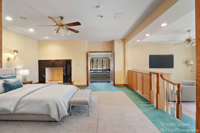 74 Dundee Ln, Barrington Hills, IL 60010 - bedroom featuring recessed lighting, light colored carpet, and a ceiling fan