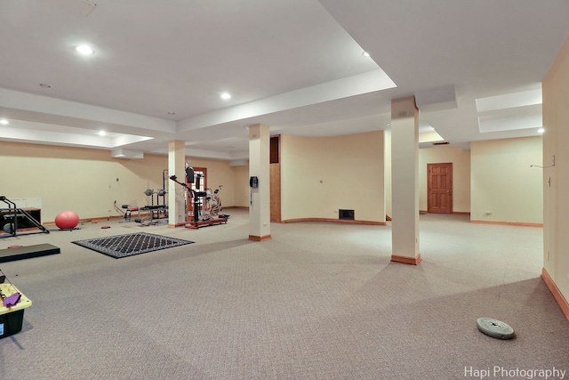 74 Dundee Ln, Barrington Hills, IL 60010 - workout room featuring carpet floors, a raised ceiling, and recessed lighting