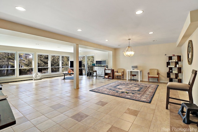 74 Dundee Ln, Barrington Hills, IL 60010 - living room with recessed lighting, light tile patterned floors, and a chandelier