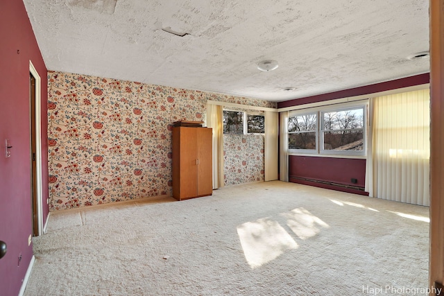 74 Dundee Ln, Barrington Hills, IL 60010 - carpeted empty room with wallpapered walls, baseboard heating, and a textured ceiling