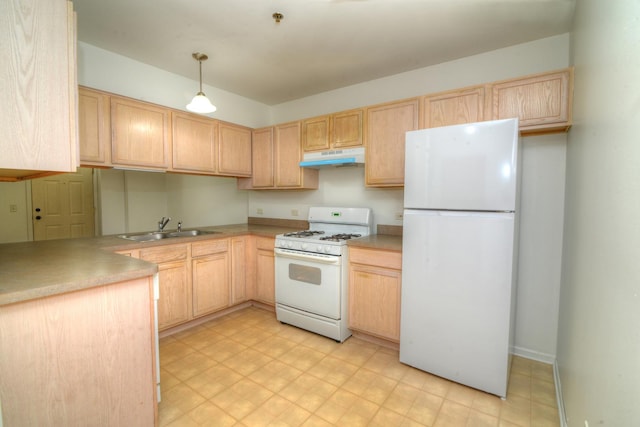 881 N Swift Rd Unit 105, Addison, IL 60101 - kitchen with white appliances, light brown cabinets, under cabinet range hood, pendant lighting, and light countertops