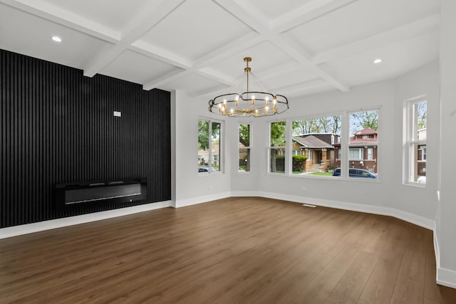 8114 S Paxton Ave, Chicago, IL 60617 - unfurnished dining area featuring dark wood-style floors, coffered ceiling, plenty of natural light, a chandelier, and recessed lighting