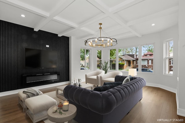 8114 S Paxton Ave, Chicago, IL 60617 - living area with coffered ceiling, wood finished floors, plenty of natural light, recessed lighting, and a chandelier