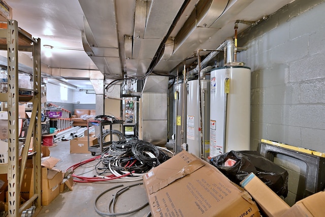 unfinished below grade area with water heater and concrete block wall