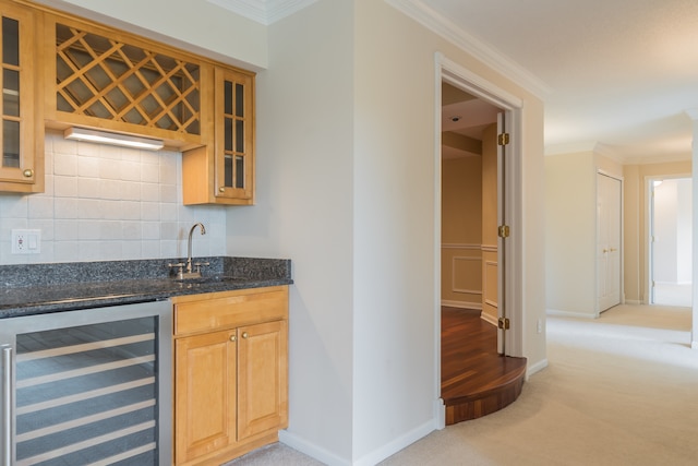 470 Fawell Blvd Unit 411, Glen Ellyn, IL 60137 - indoor wet bar with wine cooler, crown molding, light colored carpet, and tasteful backsplash