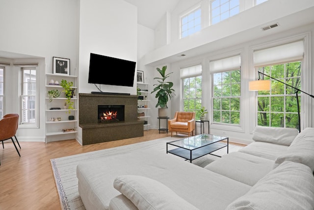 1225 N Paulina St Unit 3S, Chicago, IL 60622 - living area with high vaulted ceiling, a fireplace, and wood finished floors