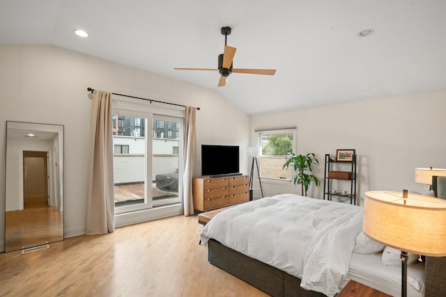 1225 N Paulina St Unit 3S, Chicago, IL 60622 - bedroom with lofted ceiling, access to outside, light wood finished floors, recessed lighting, and a ceiling fan