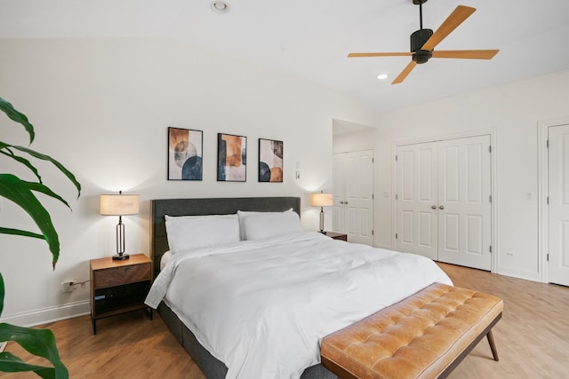 1225 N Paulina St Unit 3S, Chicago, IL 60622 - bedroom with lofted ceiling, multiple closets, light wood-style flooring, recessed lighting, and ceiling fan