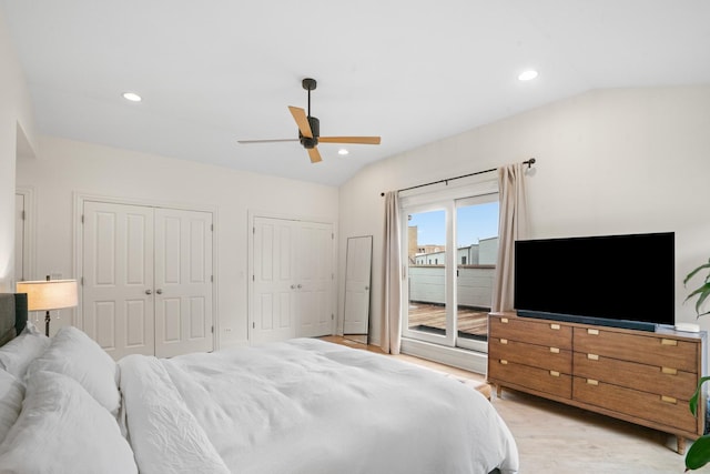 1225 N Paulina St Unit 3S, Chicago, IL 60622 - bedroom featuring access to outside, lofted ceiling, multiple closets, light wood-type flooring, and ceiling fan