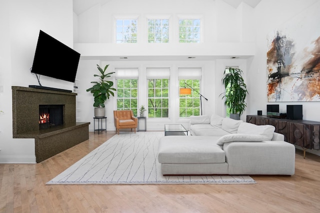 1225 N Paulina St Unit 3S, Chicago, IL 60622 - living area featuring high vaulted ceiling, a fireplace, plenty of natural light, and wood finished floors
