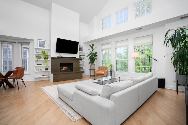 1225 N Paulina St Unit 3S, Chicago, IL 60622 - living area with high vaulted ceiling, a premium fireplace, light wood finished floors, and plenty of natural light
