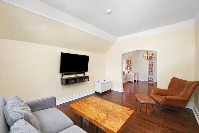 1629 W Foster Ave, Chicago, IL 60640 - living area featuring lofted ceiling, wood finished floors, a chandelier, and arched walkways