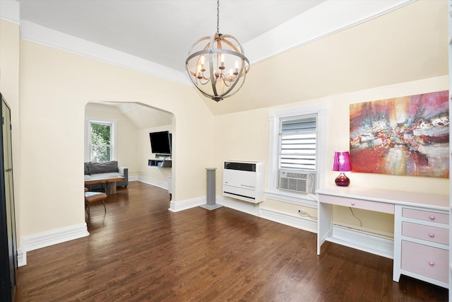 1629 W Foster Ave, Chicago, IL 60640 - office area with heating unit, arched walkways, cooling unit, a chandelier, and wood finished floors