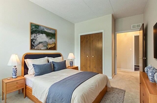 6433 Pine Cone Dr Unit 1, Tinley Park, IL 60477 - bedroom with light carpet, a closet, and a textured ceiling