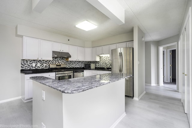 6211 Lincoln Ave Unit 402, Morton Grove, IL 60053 - kitchen with appliances with stainless steel finishes, under cabinet range hood, decorative backsplash, a textured ceiling, and white cabinets