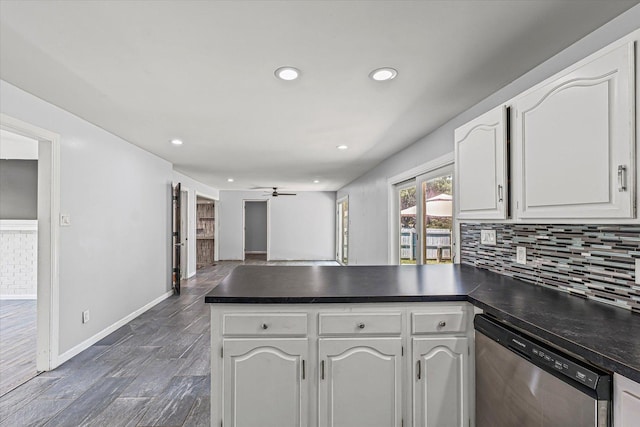 410 N 4th St, Saint Joseph, IL 61873 - kitchen featuring stainless steel dishwasher, a peninsula, dark countertops, open floor plan, and recessed lighting