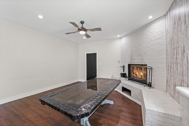 410 N 4th St, Saint Joseph, IL 61873 - living room featuring a brick fireplace, recessed lighting, wood finished floors, and a ceiling fan
