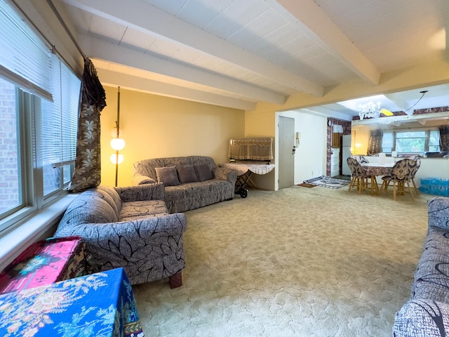 1912 W Hood Ave Unit 1B, Chicago, IL 60660 - carpeted living room with a chandelier and beam ceiling