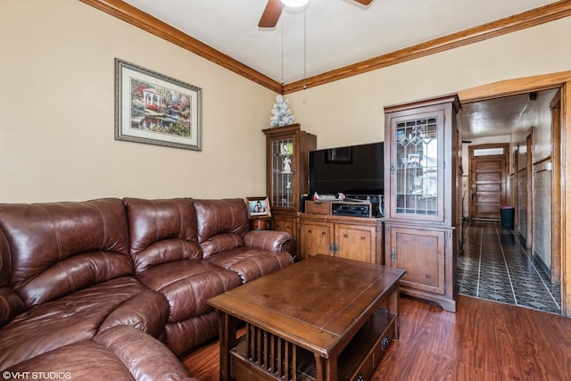 4330 S Talman Ave, Chicago, IL 60632 - living room with ceiling fan, dark wood-type flooring, and ornamental molding