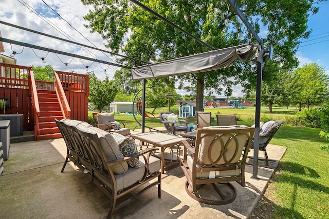 492 Winthrop Ave, Glendale Heights, IL 60139 - view of patio / terrace featuring a storage shed, a playground, stairway, and outdoor lounge area
