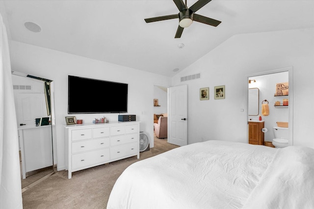 4006 Tallgrass Dr, Champaign, IL 61822 - bedroom featuring lofted ceiling, light carpet, ensuite bath, and ceiling fan