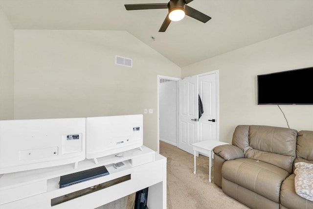 4006 Tallgrass Dr, Champaign, IL 61822 - home office featuring light colored carpet, lofted ceiling, and a ceiling fan