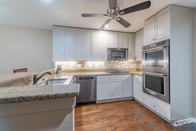 1812 S State St Unit 28, Chicago, IL 60616 - kitchen with appliances with stainless steel finishes, a peninsula, decorative backsplash, ceiling fan, and light stone countertops