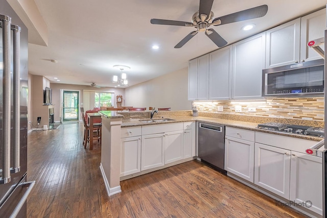 1812 S State St Unit 28, Chicago, IL 60616 - kitchen featuring stainless steel appliances, a ceiling fan, a peninsula, dark wood-type flooring, and white cabinets
