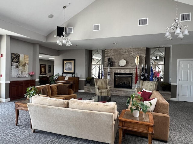 1137 Crestview Ln, Pingree Grove, IL 60140 - living area featuring a chandelier, carpet floors, high vaulted ceiling, and a brick fireplace